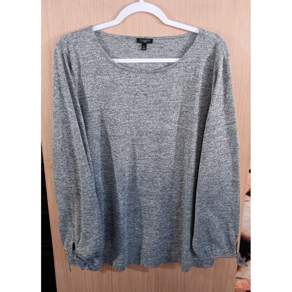 Talbots 2X Blouse Womens Gray Metallic Silver Tie Sleeves‎ Long Sleeve Top